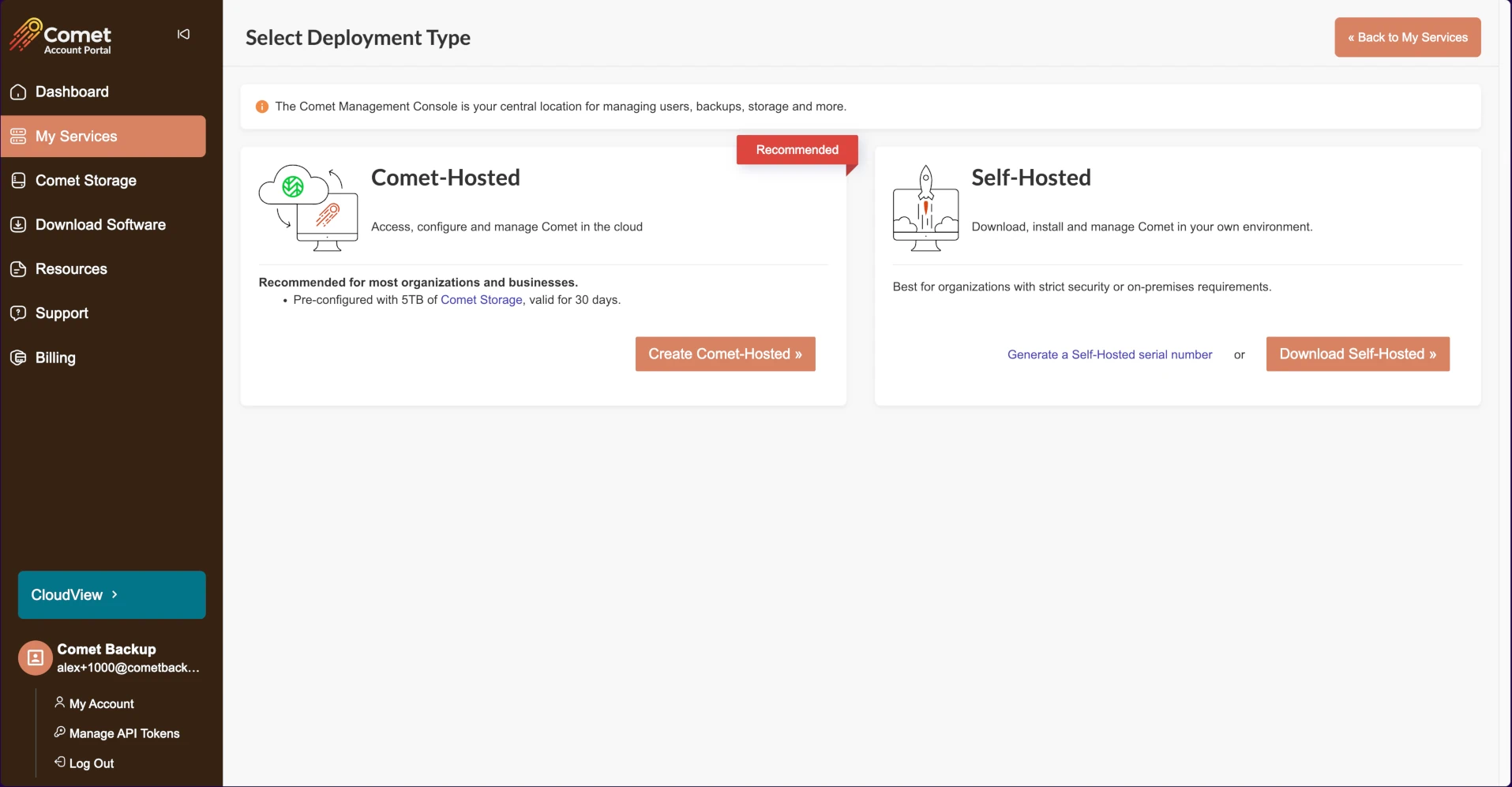 Easily deploy a Comet-Hosted or Self-Hosted Management Console.