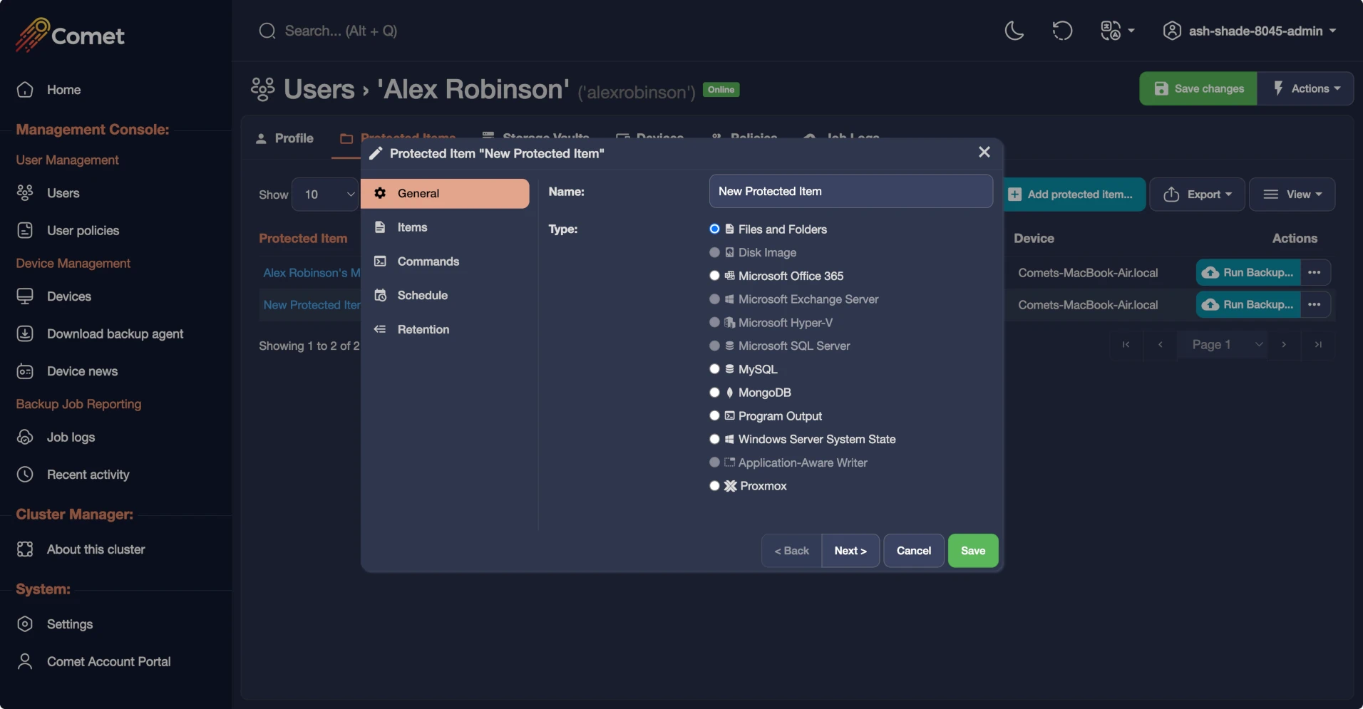Configure backups remotely from your Comet Management Console.