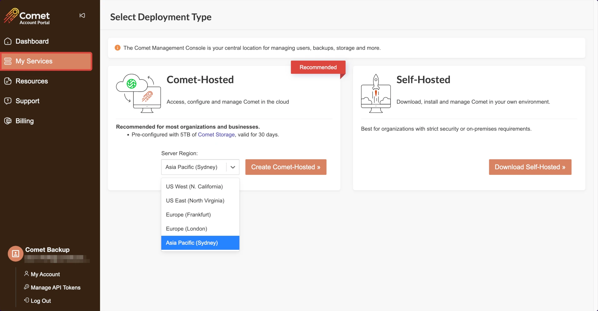 Easily deploy a Comet-Hosted or Self-Hosted Management Console.